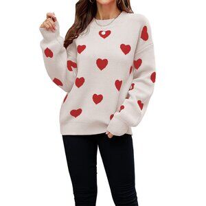 Women's Casual Sweater With Heart Pattern Print Round Neck Fashion Pullover Cute
